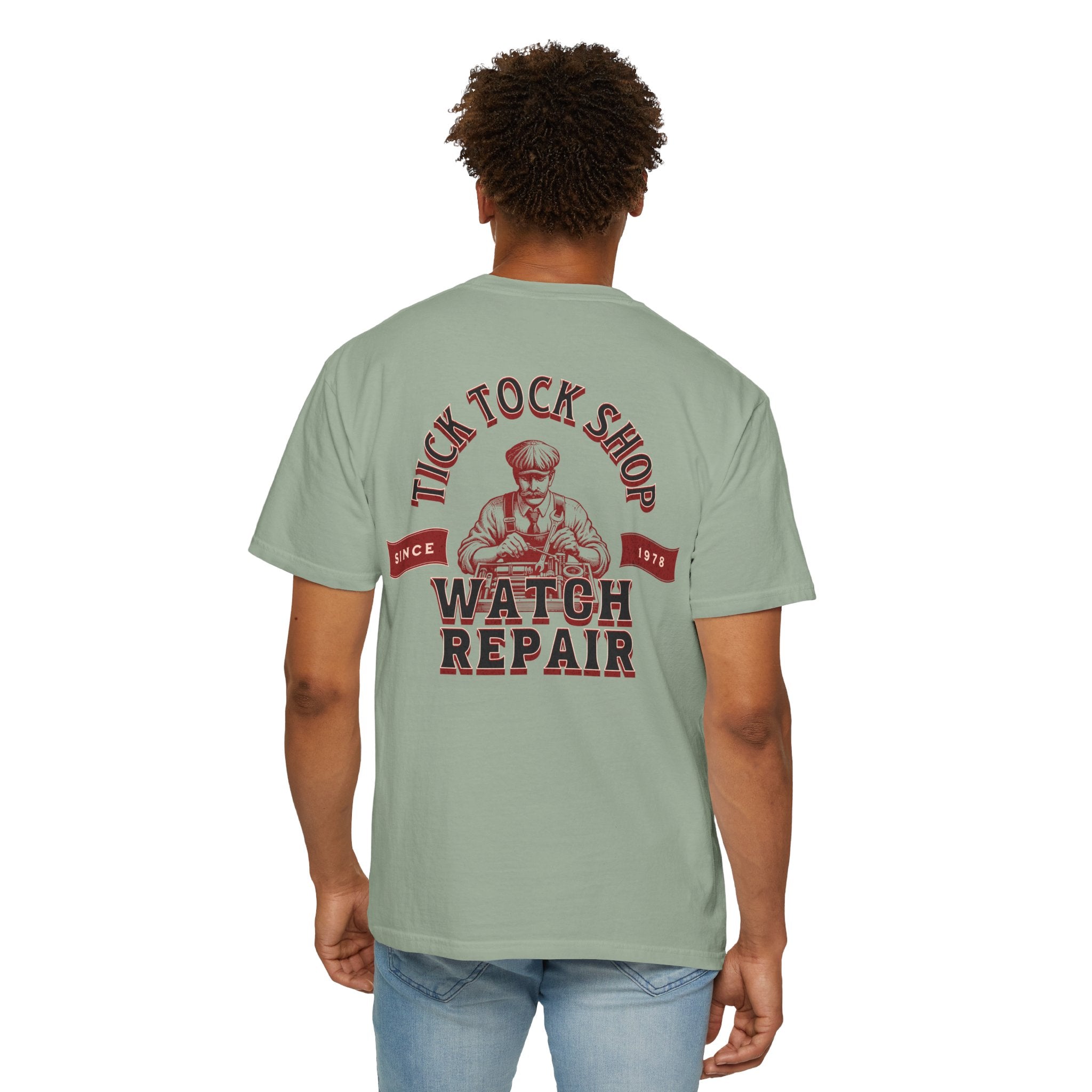 Watch Repair T‑Shirt – 'Tick Tock Shop' Vintage Watchmaker Tee