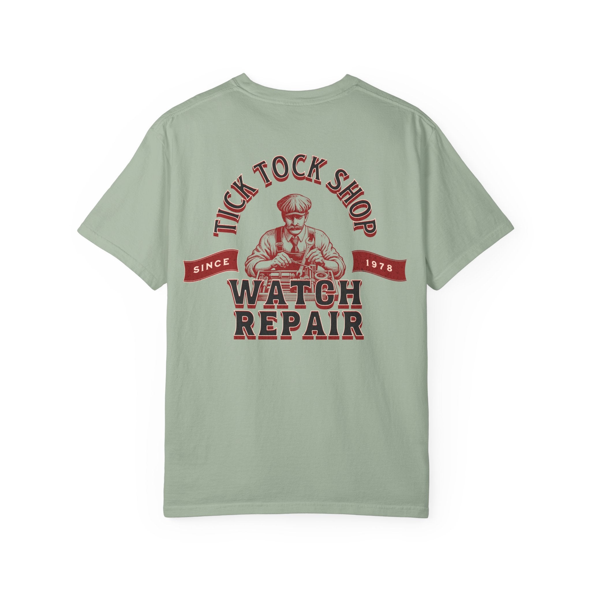 Watch Repair T‑Shirt – 'Tick Tock Shop' Vintage Watchmaker Tee